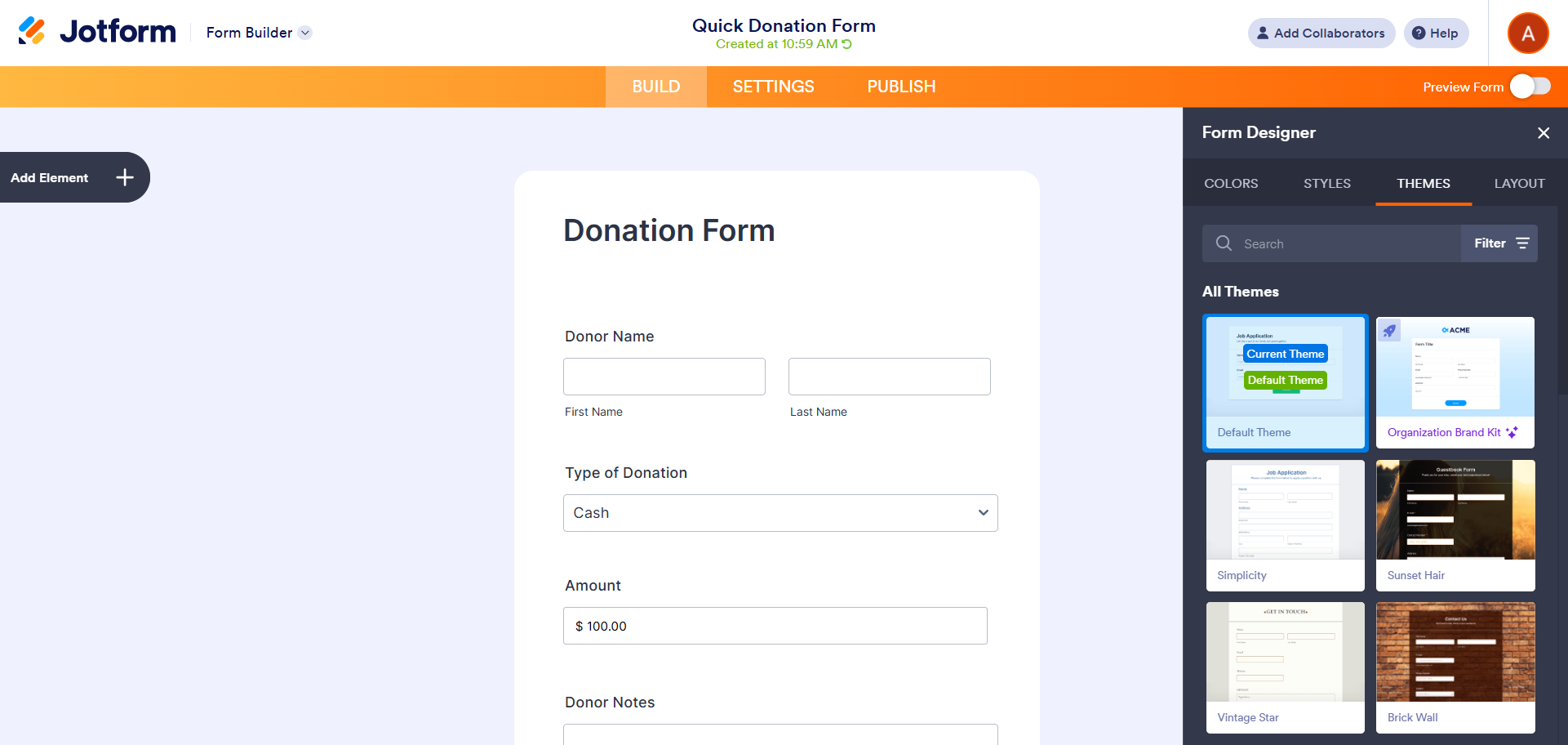 Jotform Form Designer showing a donation form with theme customization options