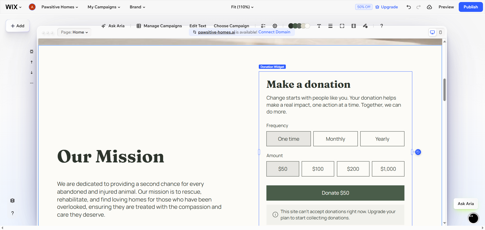 Wix Editor page with a donation form placed next to the Our Mission section