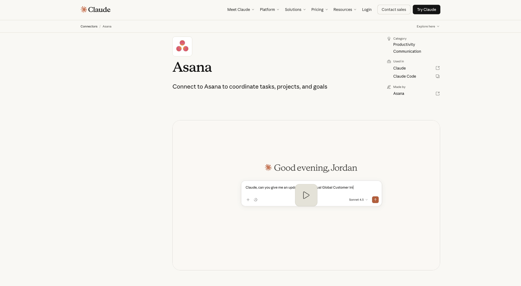 Asana Claude connectors listing