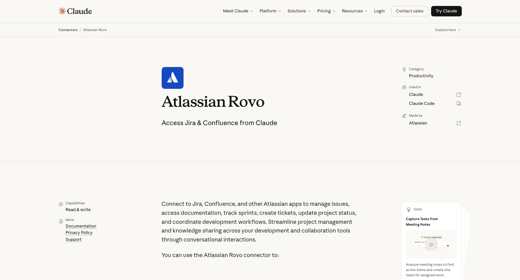 Atlassian Rovo listing in Claude