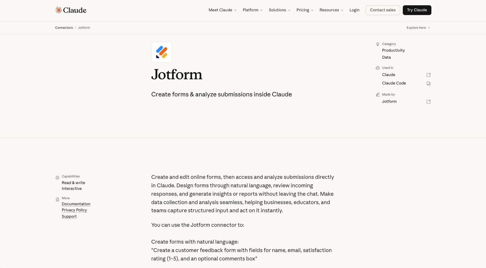 Listing of Jotform inside of Claude connectors