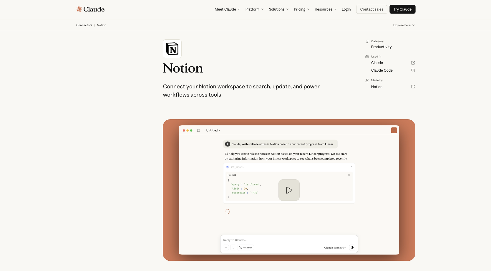 Notion listing in Claude connectors