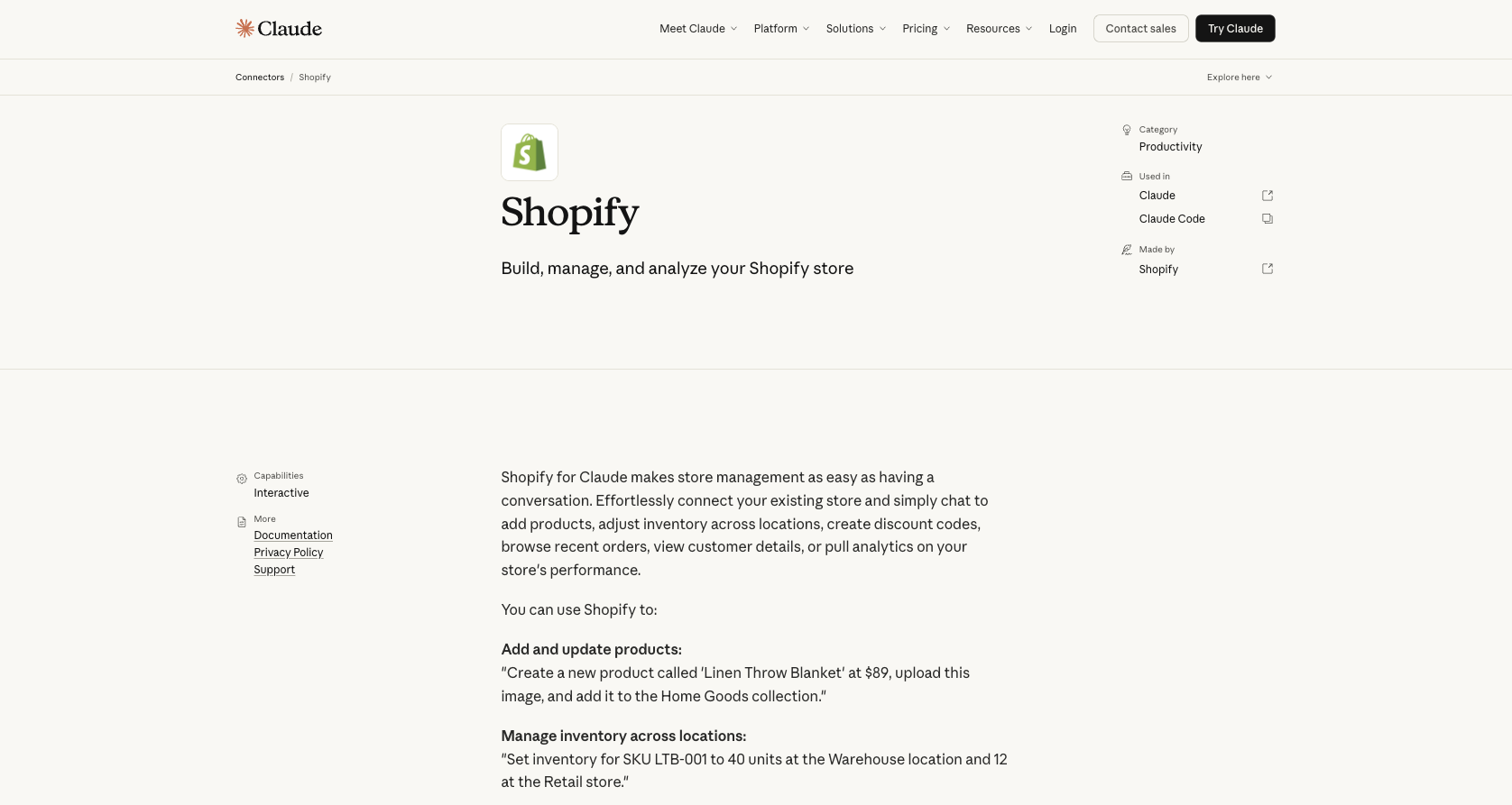 Shopify listing in Claude connectors