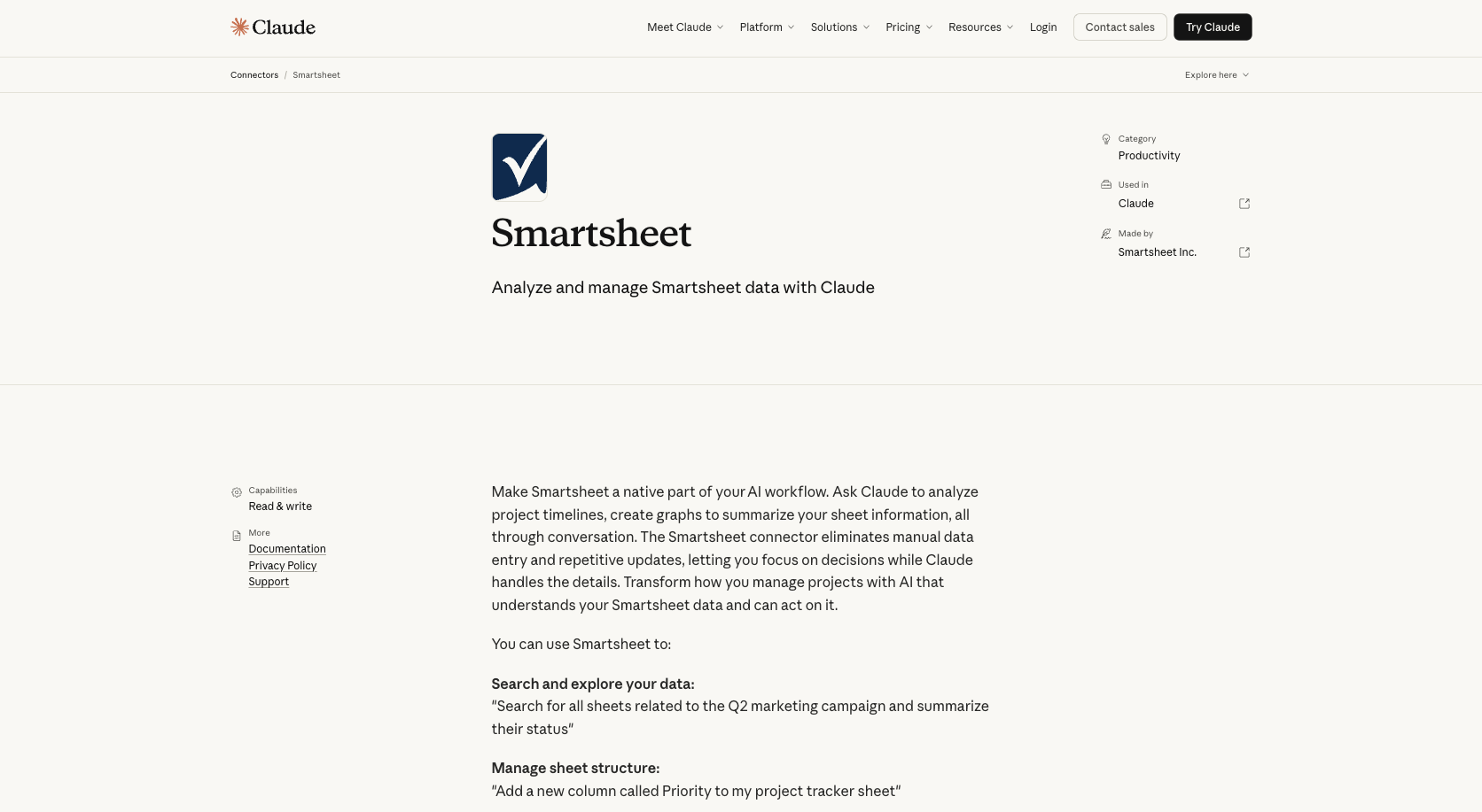Smartsheet listing in Claude connectors