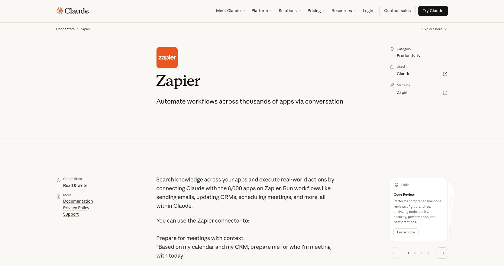 Zapier listing in Claude connectors