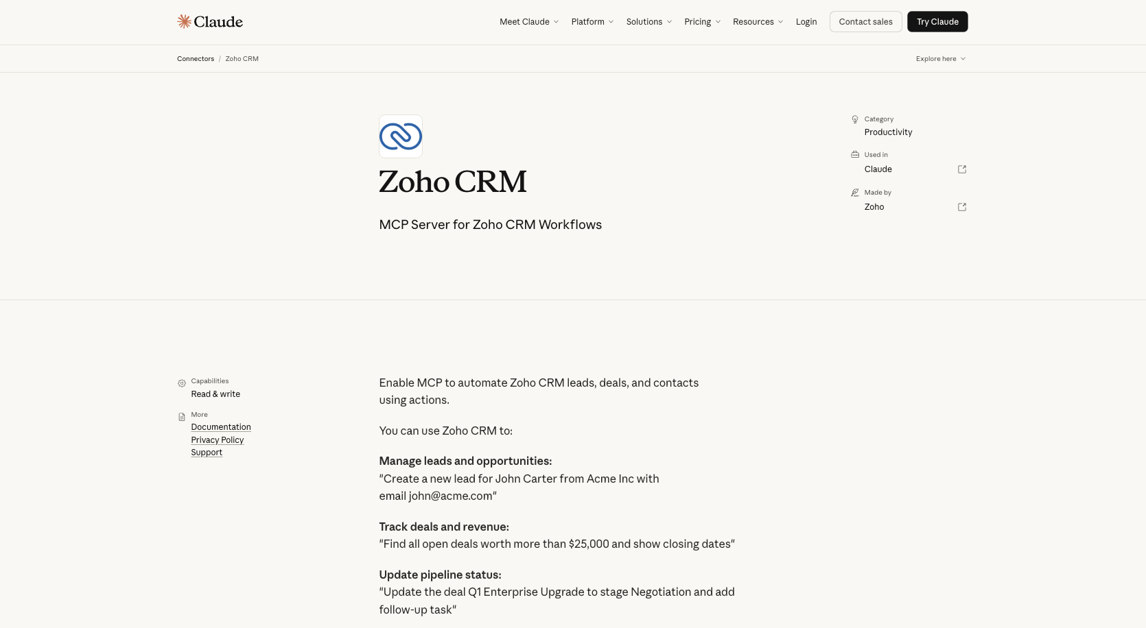 Zoho CRM listing in Claude connectors