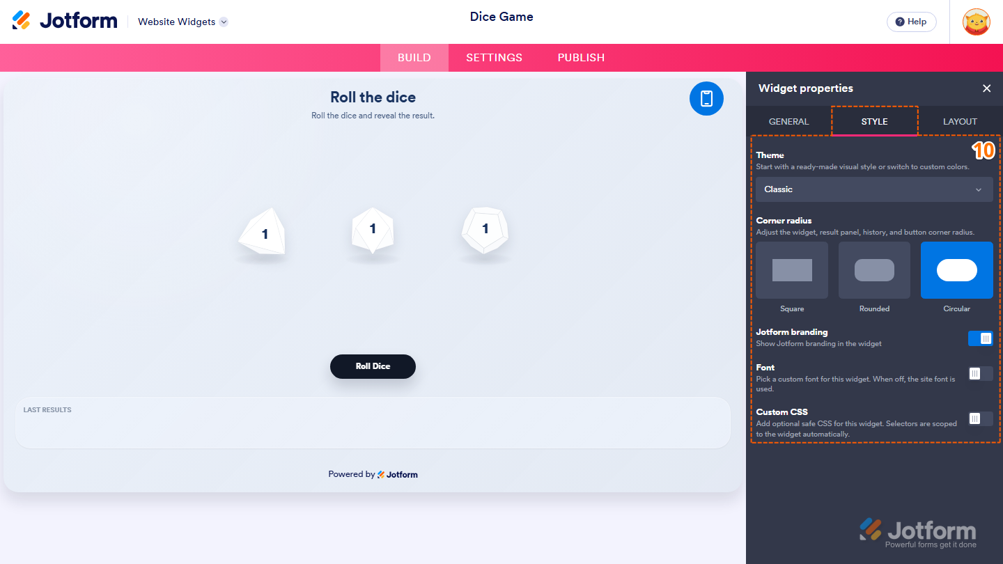 Jotform Website Widget Builder displaying the Widget Properties panel under the Style tab with Theme, Corner Radius, Jotform Branding, Font, and Custom CSS settings for customizing the Dice Game widget