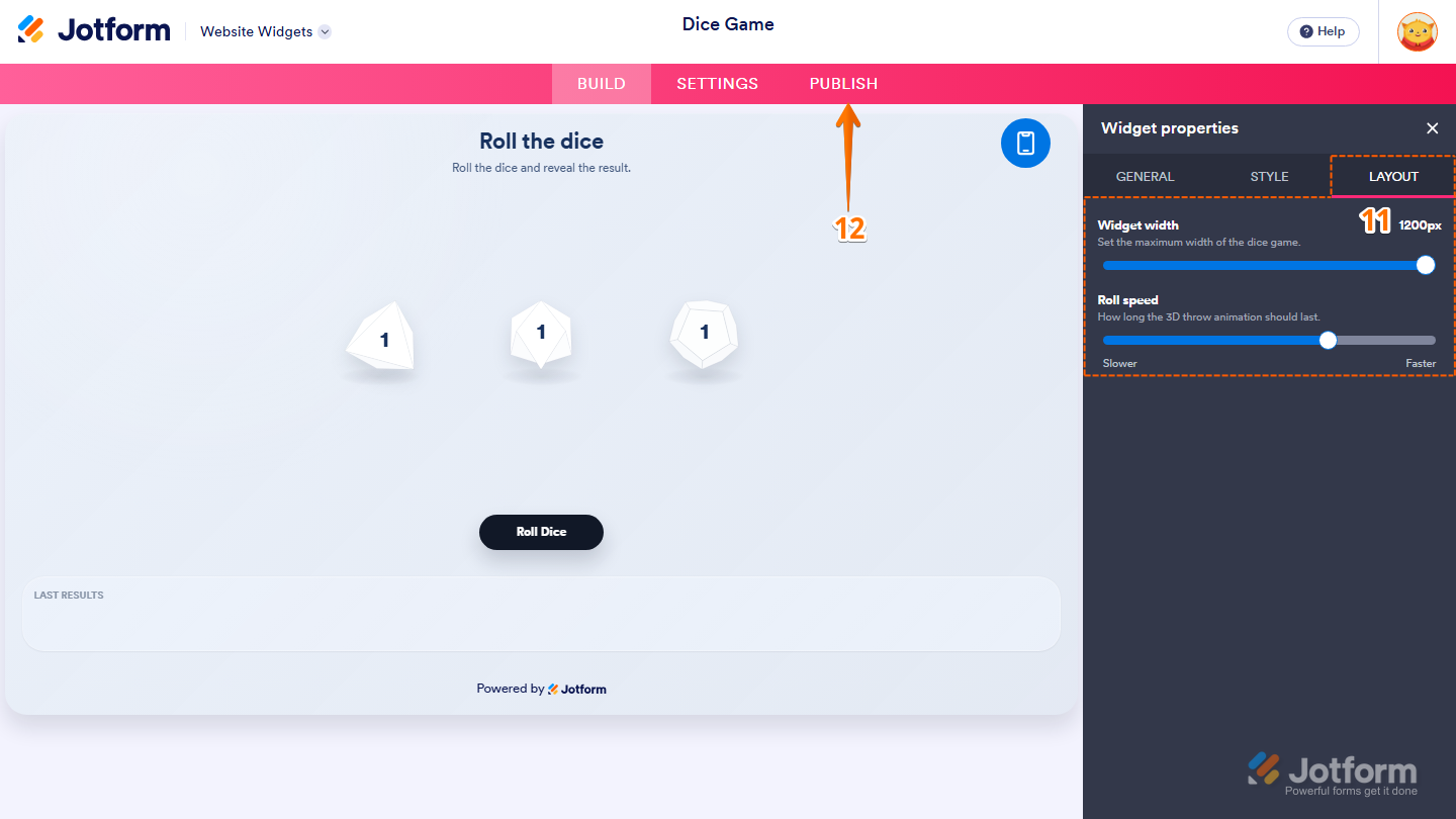 Jotform Website Widget Builder displaying the Widget Properties panel under the Layout tab with Widget Width and Roll Speed sliders for the Dice Game widget, and the Publish button visible in the pink navigation bar at the top of the page