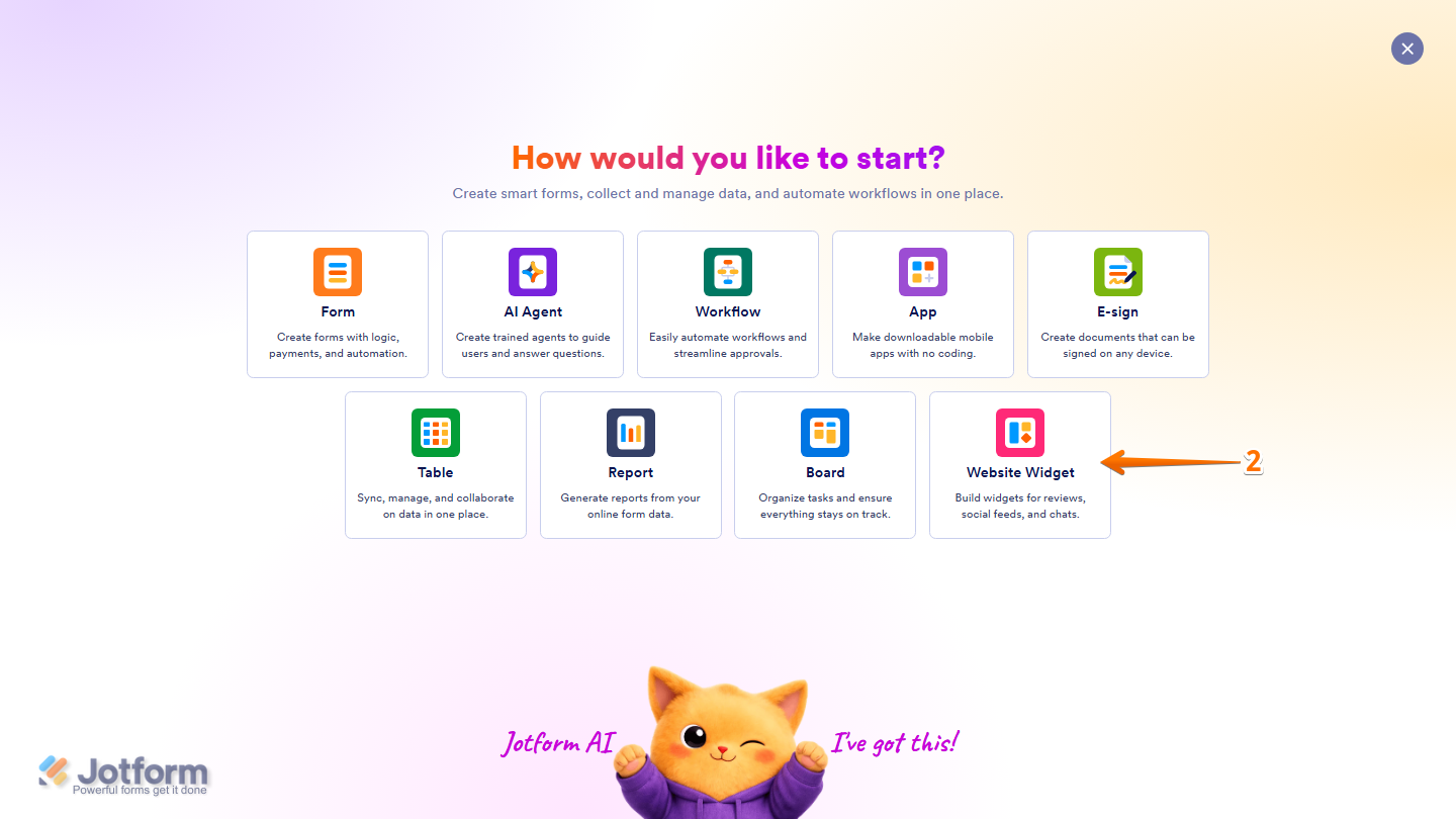 Jotform Create menu displaying the Website Widget option for creating a new website widget