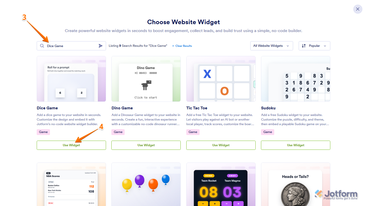 Jotform Choose Website Widget window with Dice Game entered in the search bar and the Use Widget button visible on the Dice Game widget card in the search results