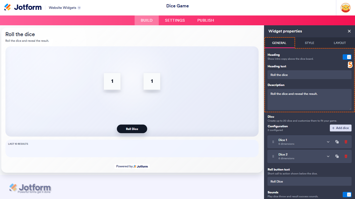 Jotform Website Widget Builder displaying the Widget Properties panel under the General tab with Heading, Heading Text, and Description settings for configuring the Dice Game widget