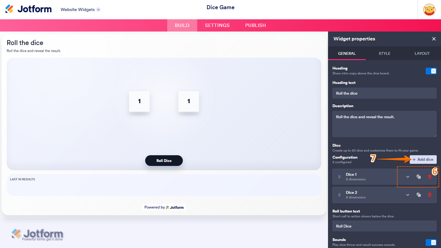 Jotform Website Widget Builder displaying the Widget Properties panel under the General tab with the Dice section, including sample dice, Configure, Duplicate, and Delete action icons, and the Add Dice button for configuring the Dice Game widget