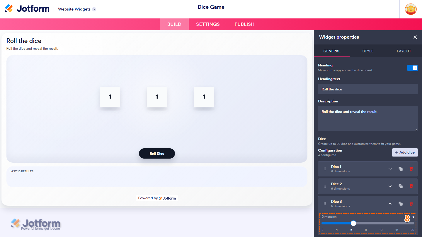 Jotform Website Widget Builder displaying a newly added die in the Dice section with the Dimension slider for adjusting the number of sides in the Dice Game widget