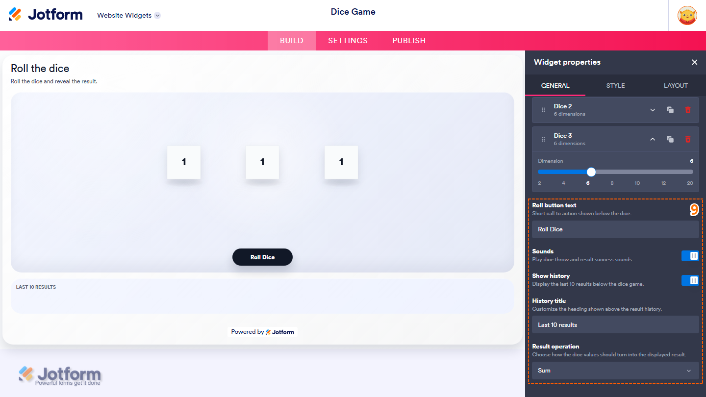Jotform Website Widget Builder displaying the Widget Properties panel under the General tab with Roll Button Text, Sounds, Show History, History Title, and Result Operation settings for configuring the Dice Game widget
