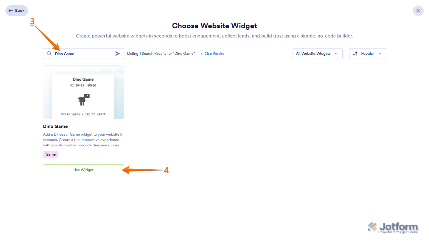 Jotform Choose Website Widget page displaying the Search bar with Dino Game entered and the Use Widget button selected from the search results to open the Dino Game widget