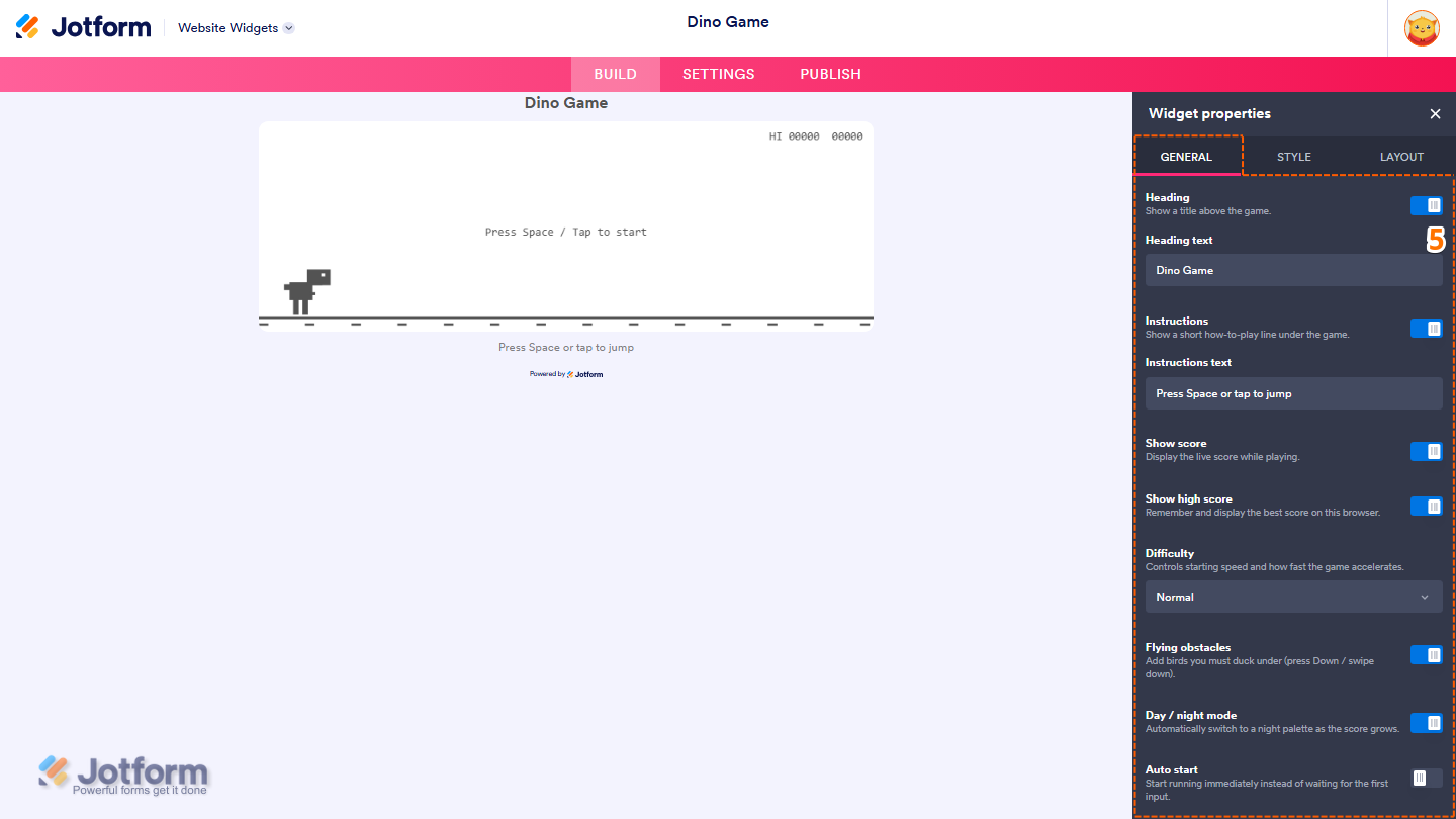Jotform Website Widget Builder displaying the Widget Properties panel under the General tab with settings for Heading, Heading Text, Instructions, Instructions Text, Show Score, Show High Score, Difficulty, Flying Obstacles, Day/Night Mode, and Auto Start to configure the Dino Game widget