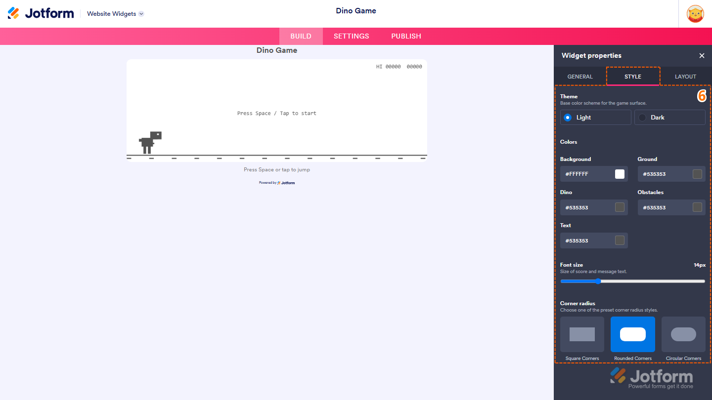 Jotform Website Widget Builder displaying the Style tab with customization options for Theme, Colors, Font Size, and Corner Radius to personalize the appearance of the Dino Game widget