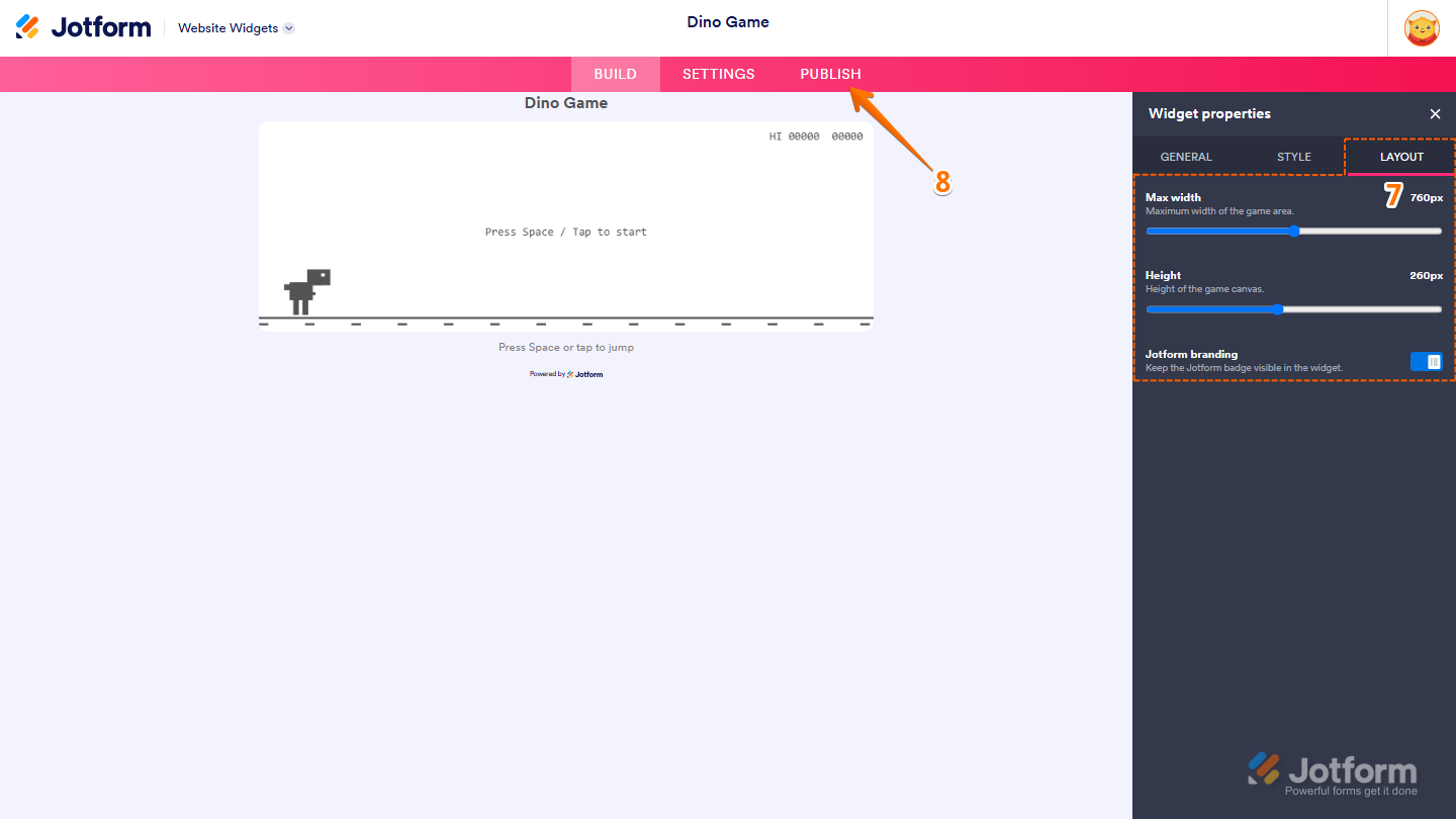 Jotform Website Widget Builder displaying the Layout tab with settings for Max Width, Height, and Jotform Branding, with the Publish button available in the top navigation bar to publish the Dino Game widget