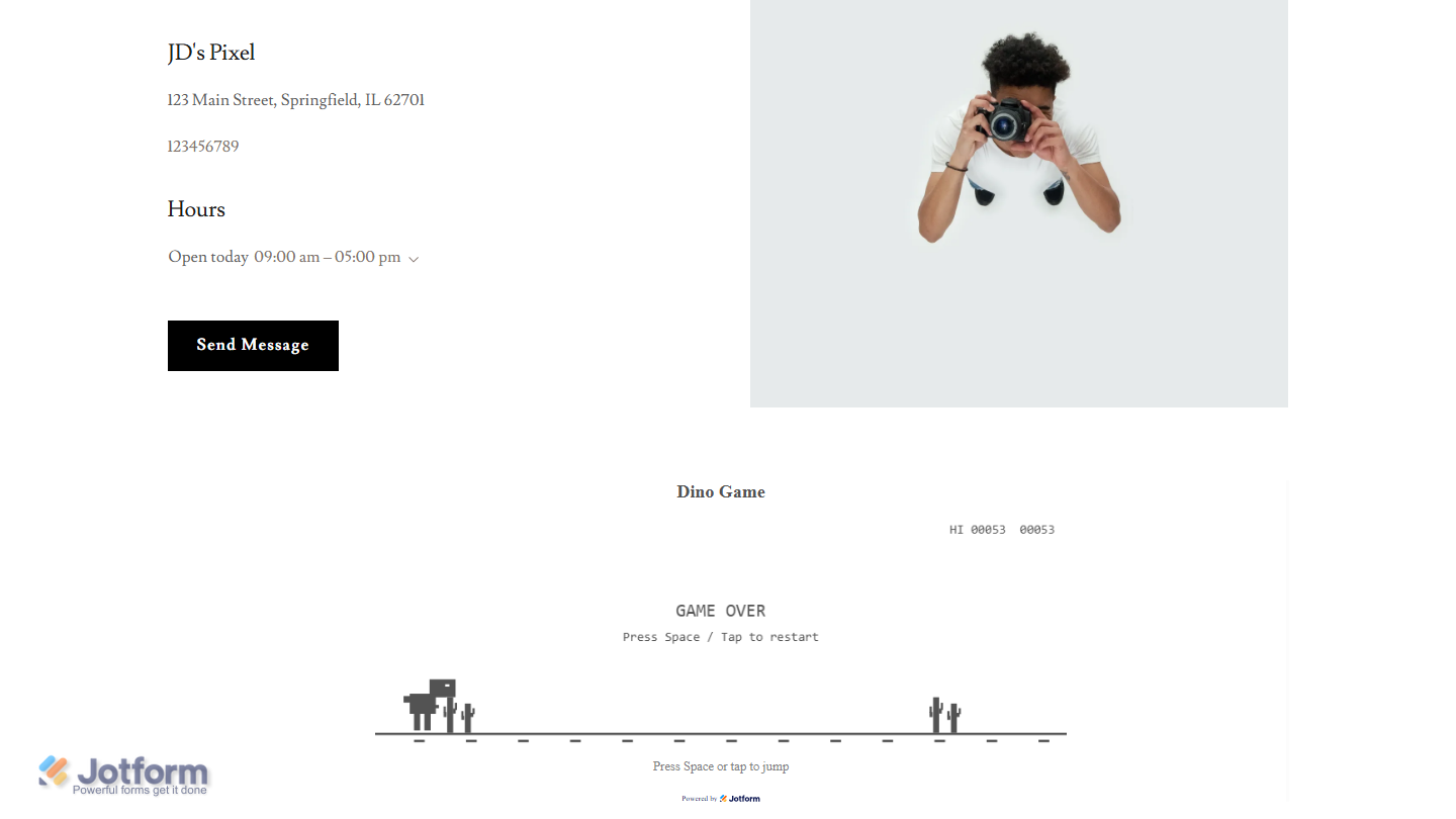 Embedded Jotform Dino Game widget displayed on a website, featuring a customizable dinosaur jumping game with score tracking and configurable gameplay settings after installation using the copied embed code or platform-specific integration