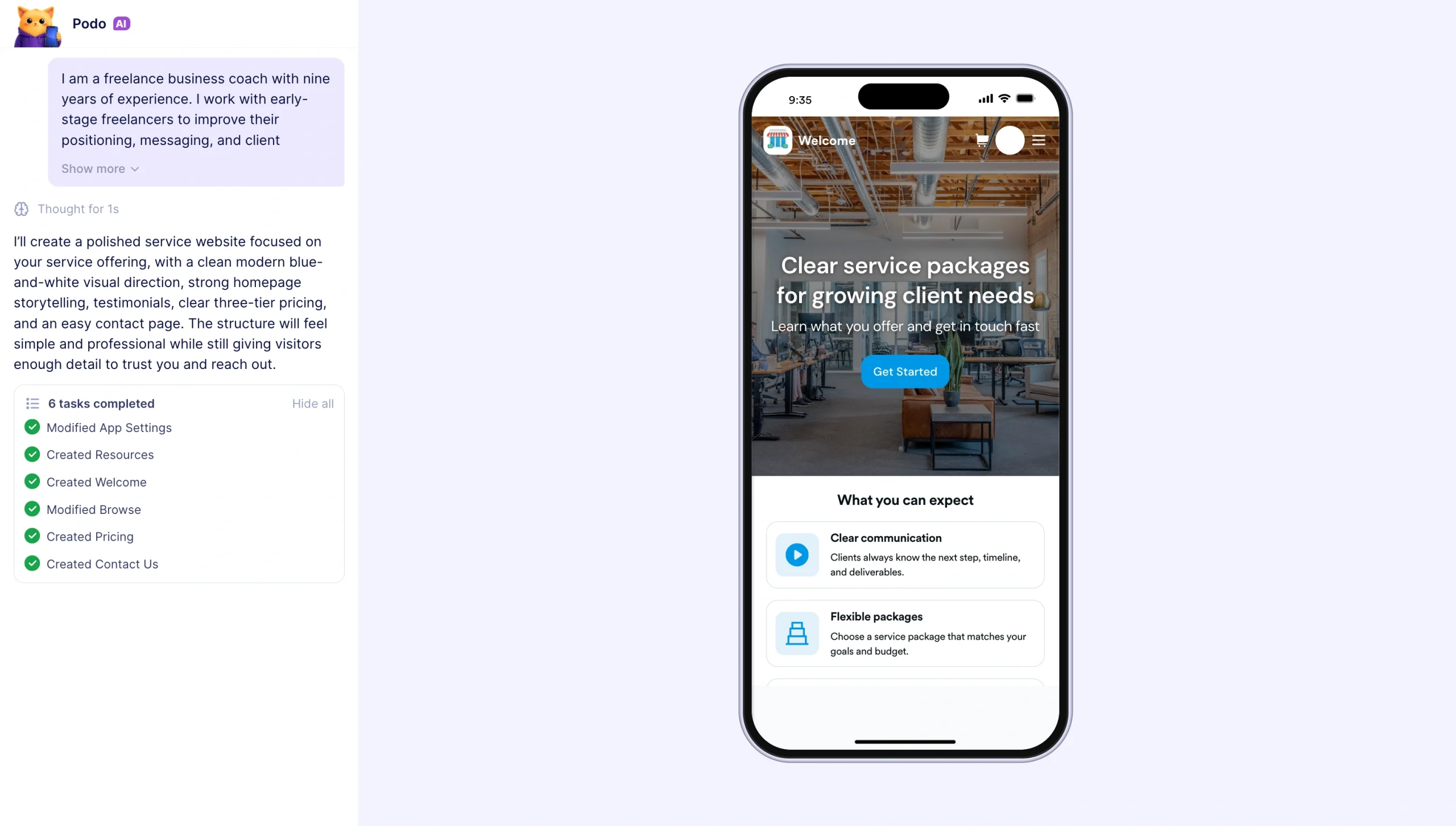AI-generated website preview for a business coach shown alongside the prompt and completed page sections