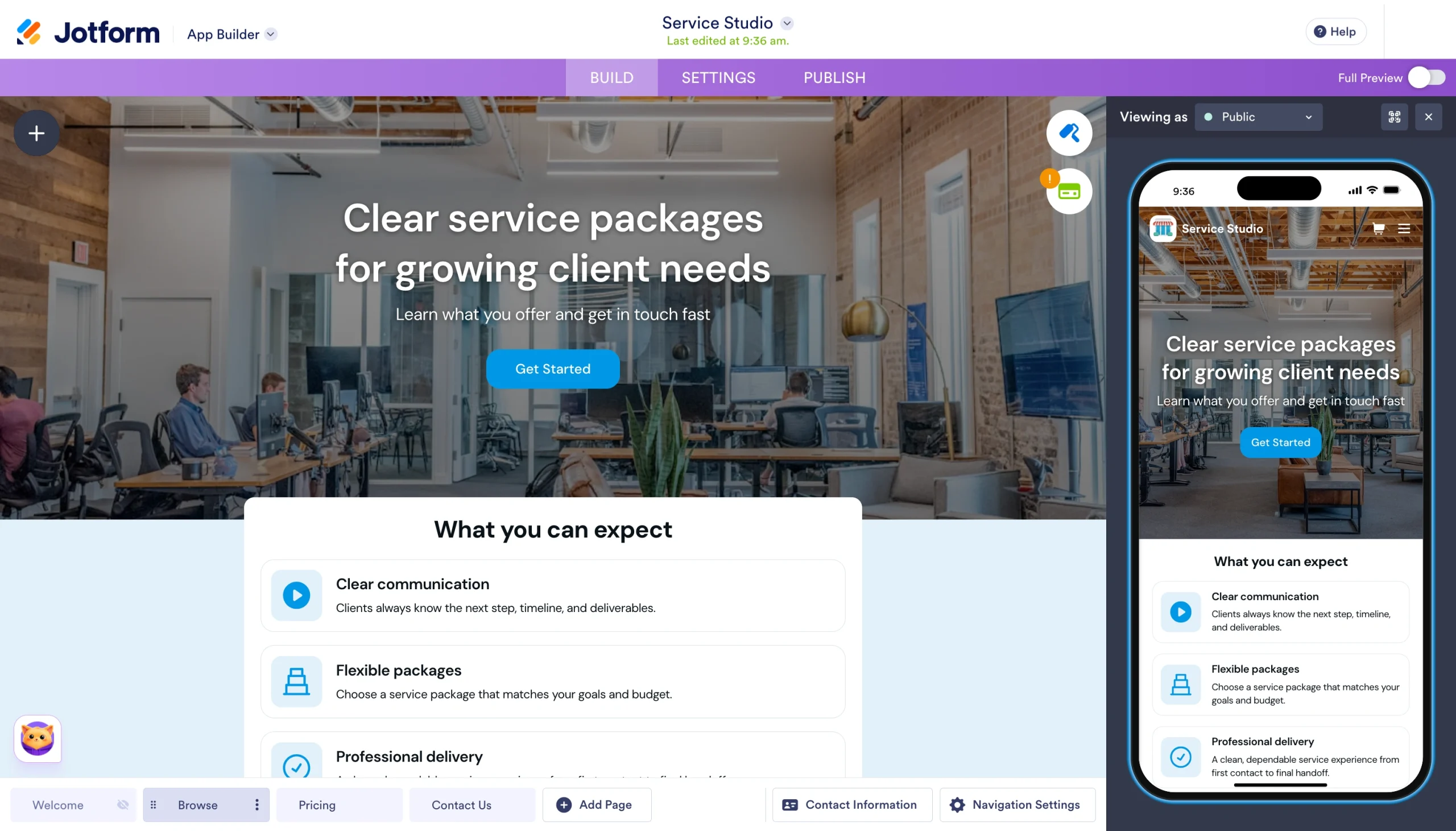 Jotform App Builder interface showing a service website being customized in a visual drag-and-drop editor with mobile preview