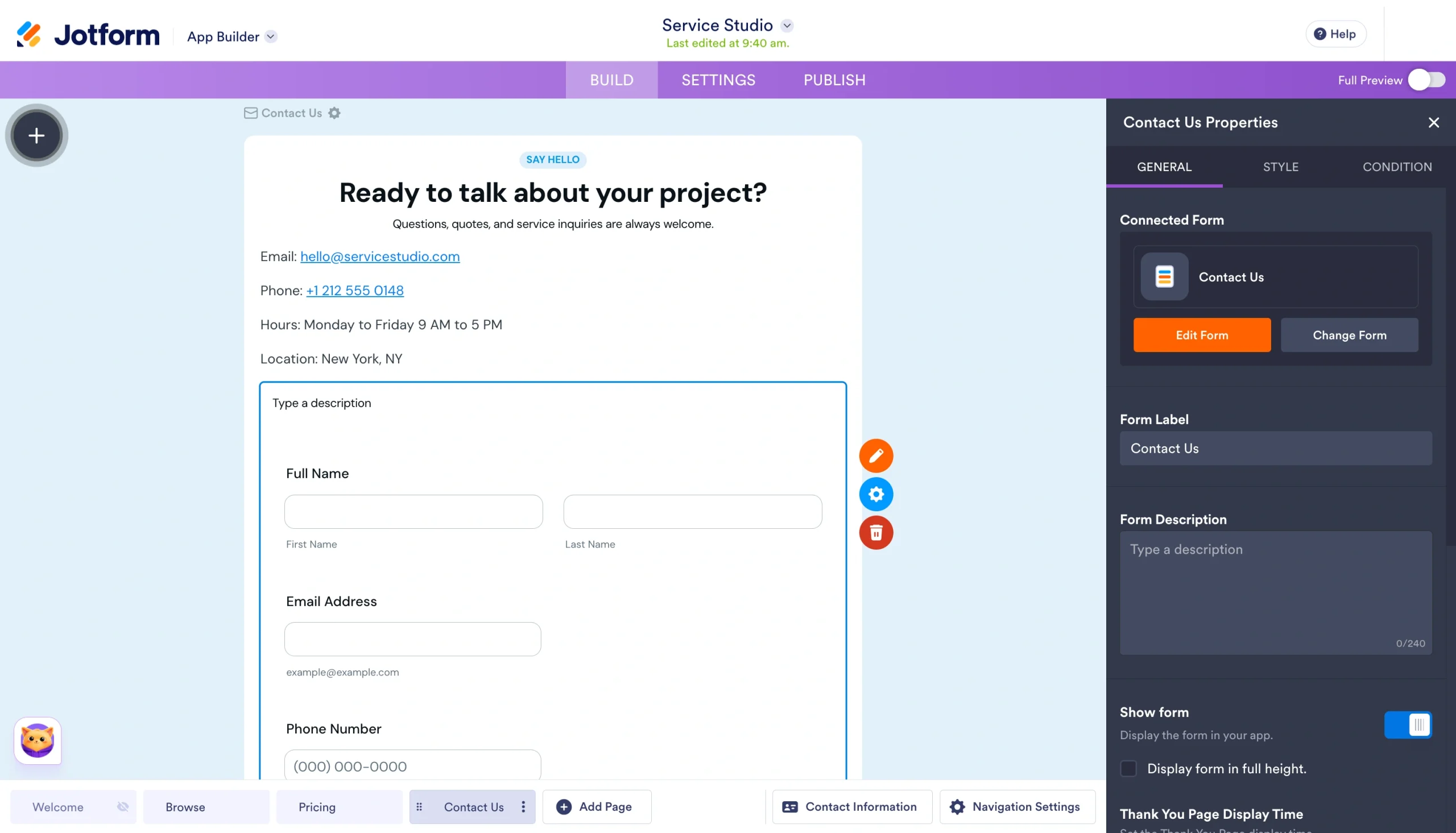 Jotform App Builder showing a contact page form being edited with form properties and mobile preview controls