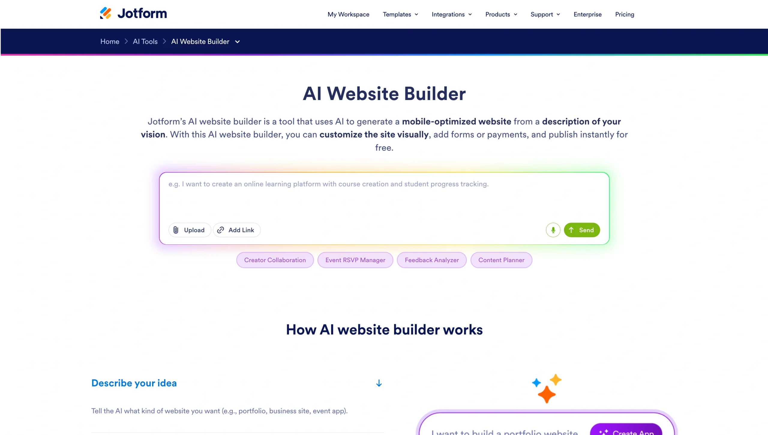 Screenshot of the Jotform AI Website Builder landing page with a prompt area