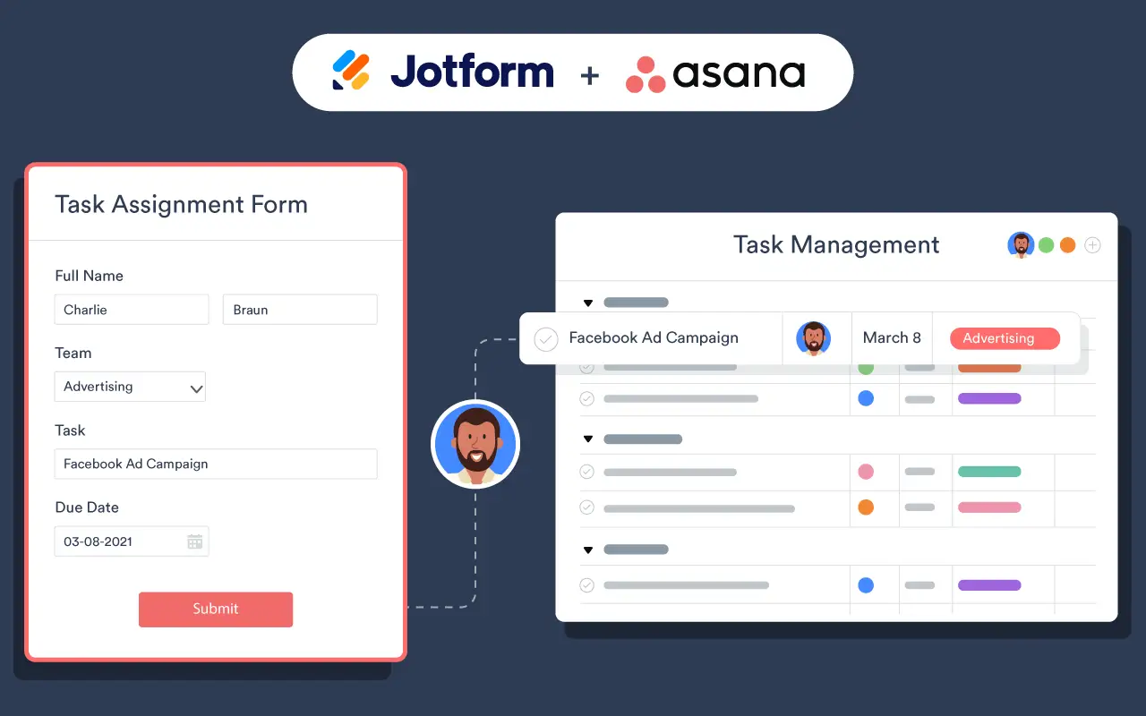 Jotform task assignment form syncing task details to Asana