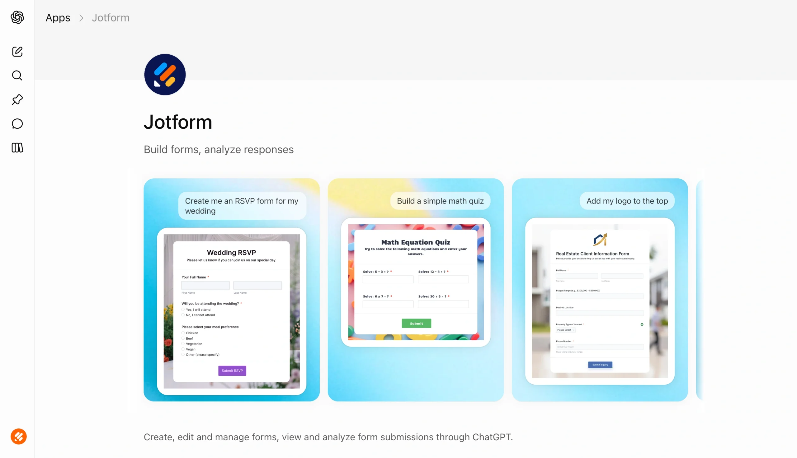 Screenshot of the OpenAI Apps page for Jotform