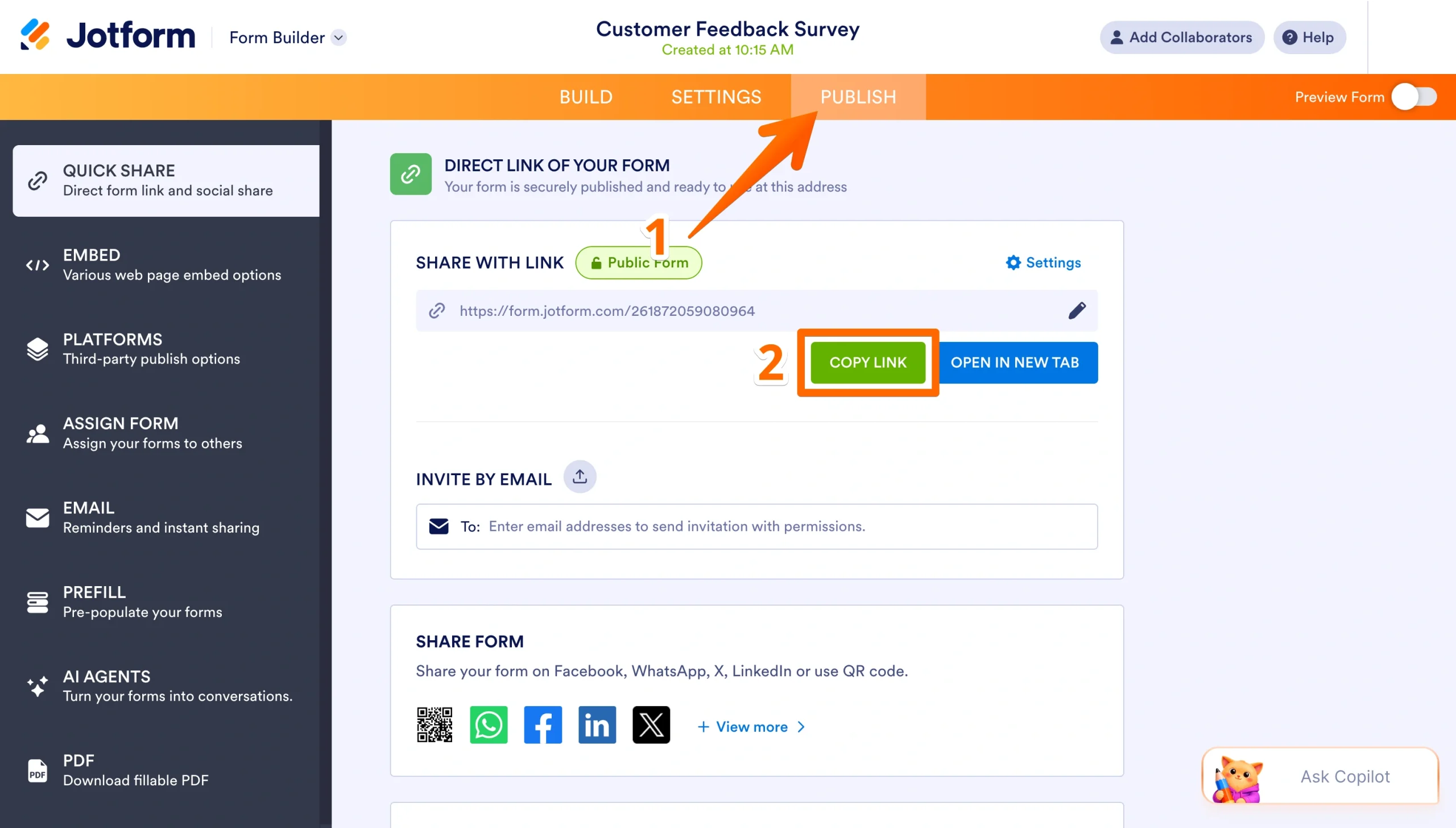Jotform Publish tab showing the direct form link and Copy Link button for a customer feedback survey