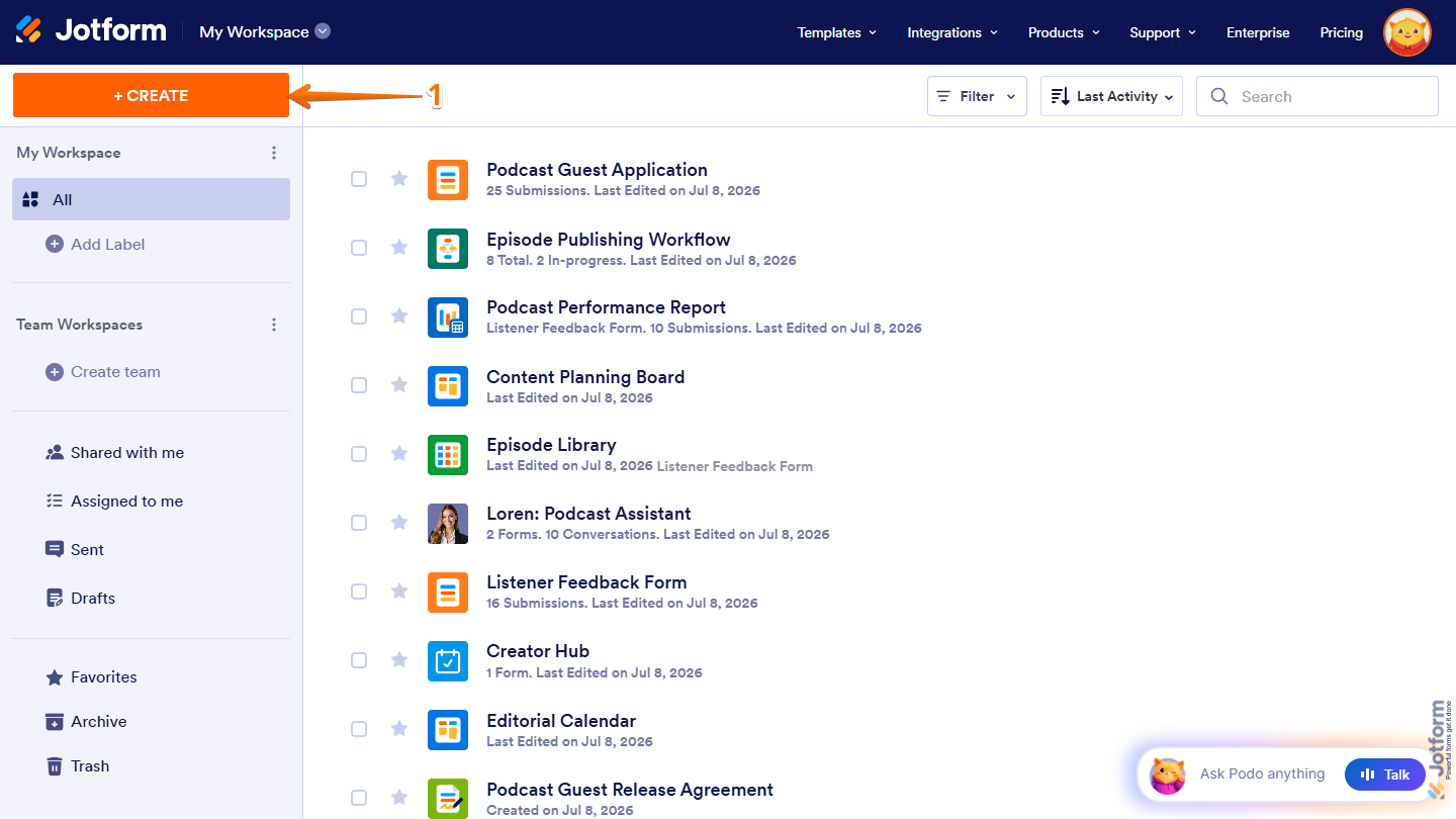 Create button on Jotform Workspace page
