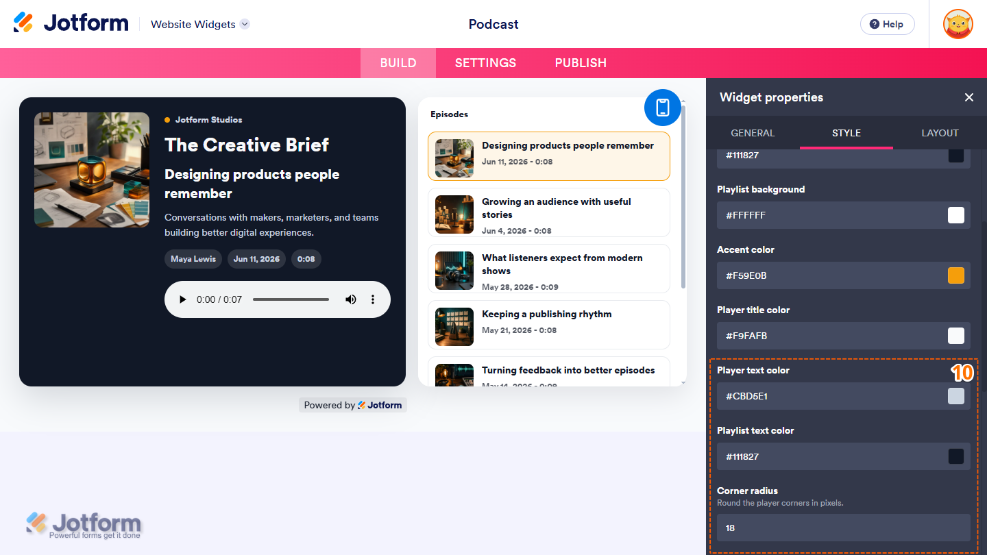 Other settings under the General tab in the Widget Properties menu in Jotform Website Widgets