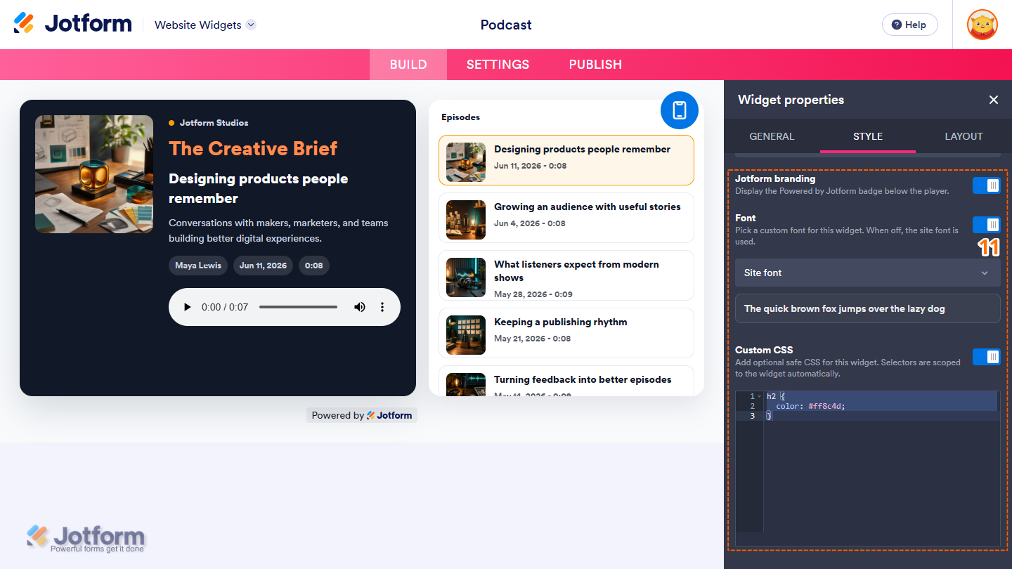 More settings under the General tab in the Widget Properties menu in Jotform Website Widgets