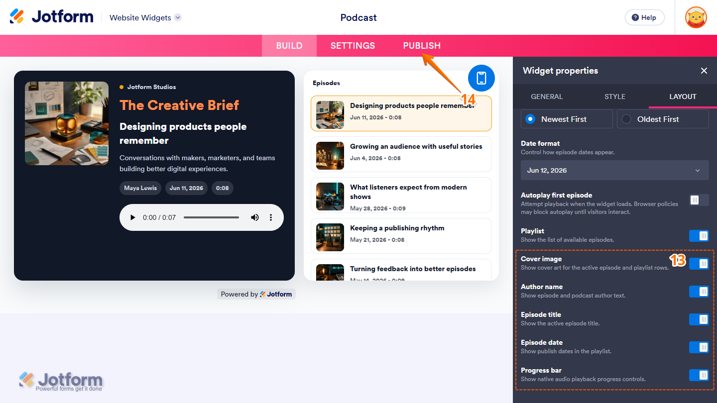 More settings under the Layout tab in the Widget Properties menu in Jotform Website Widgets