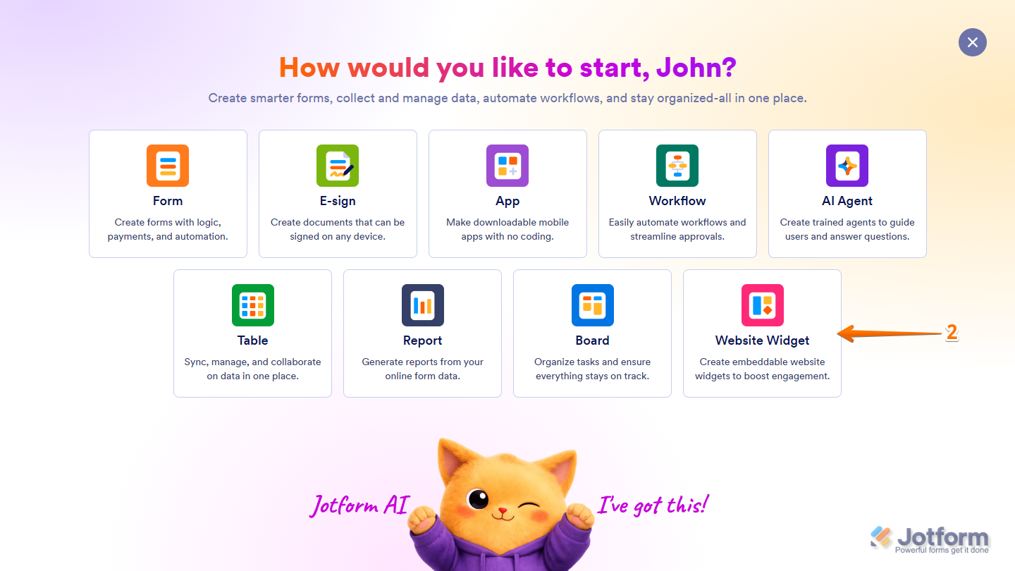 Website Widget option in Select Asset menu on Jotform Workspace page