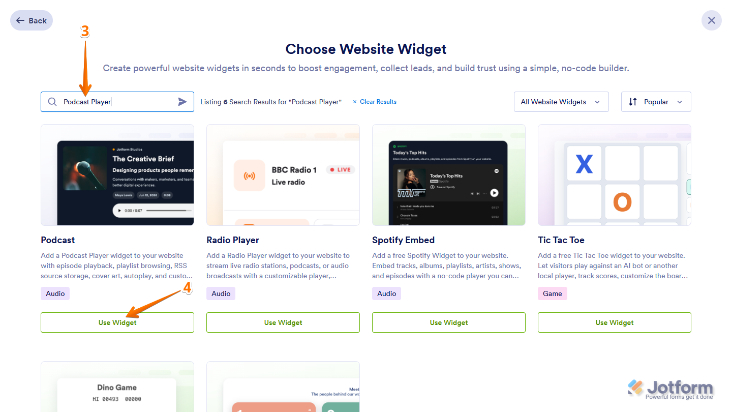 Use widget button of Podcast Player widget in the Choose Website Widget menu on Jotform Workspace page