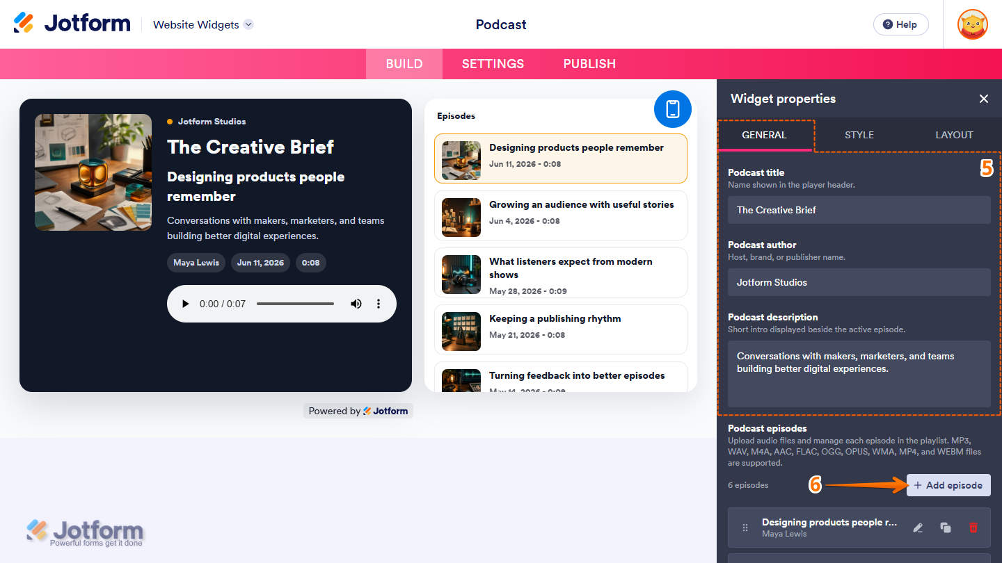 Settings under the General tab in the Widget Properties menu in Jotform Website Widgets