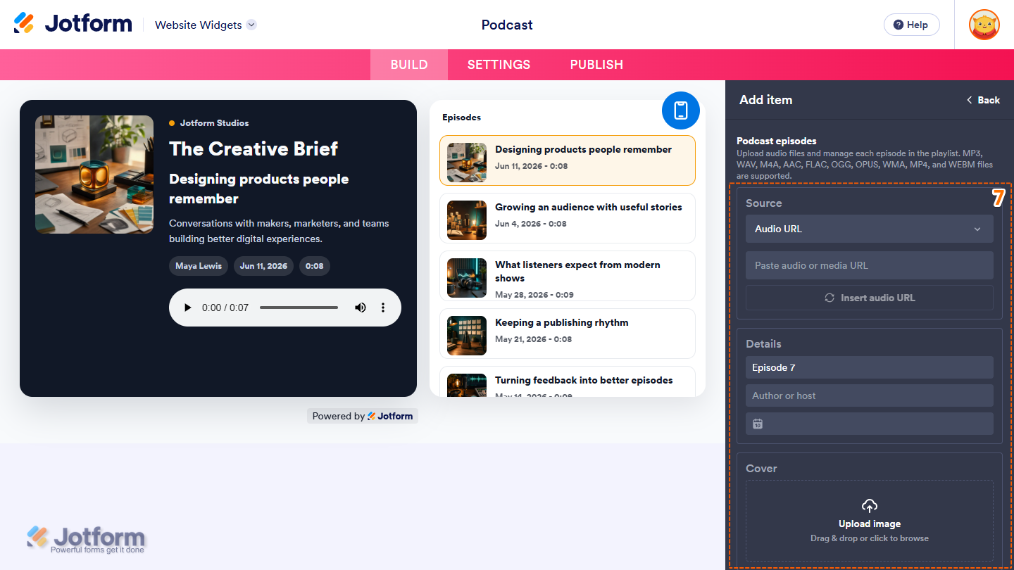 Source, Details, Cover sections in the Add Item menu of the General tab in the in the Widget Properties menu in Jotform Website Widgets