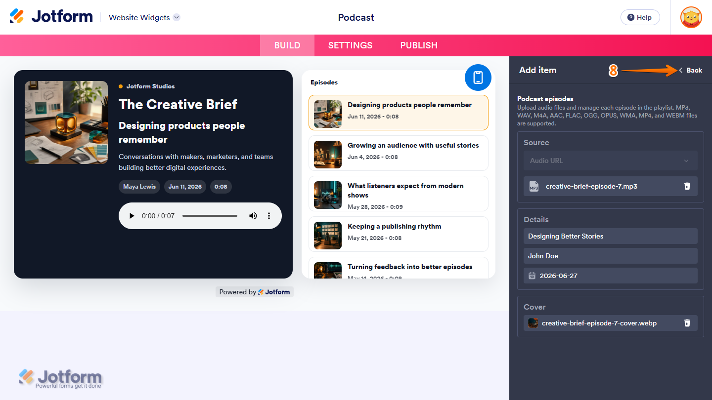 Back button n the Add Item menu of the General tab in the in the Widget Properties menu in Jotform Website Widgets