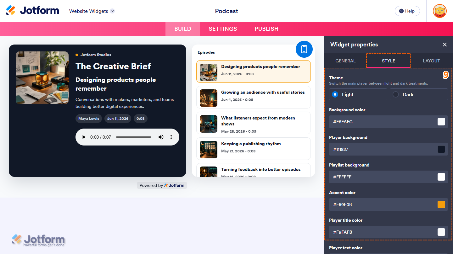 Settings under the Style tab in the Widget Properties menu in Jotform Website Widgets