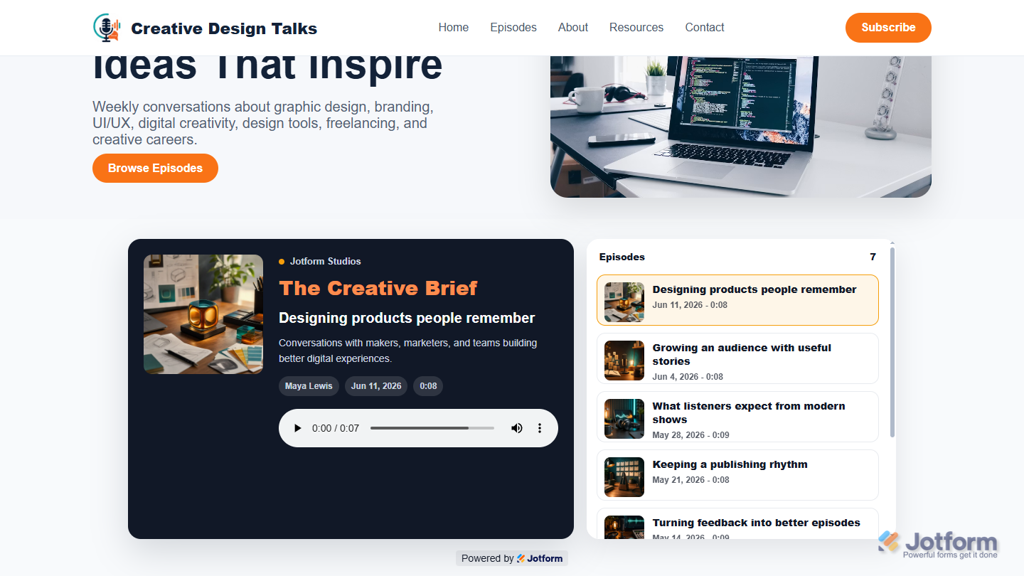Jotform Podcast Player widget embedded on a Sample website