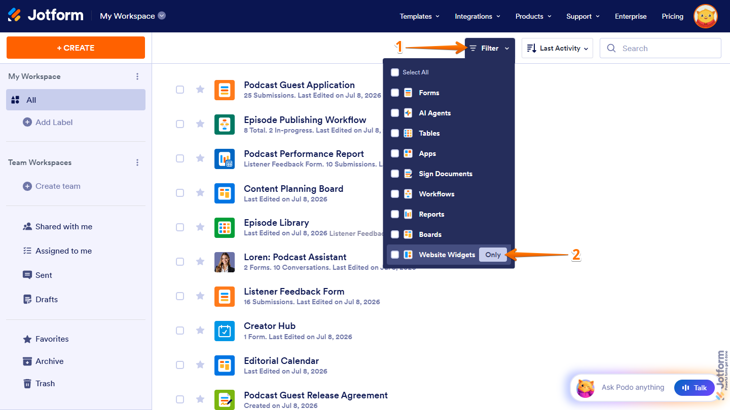 Only button next to the Website Widgets option in the Filter menu on Jotform Workspace page