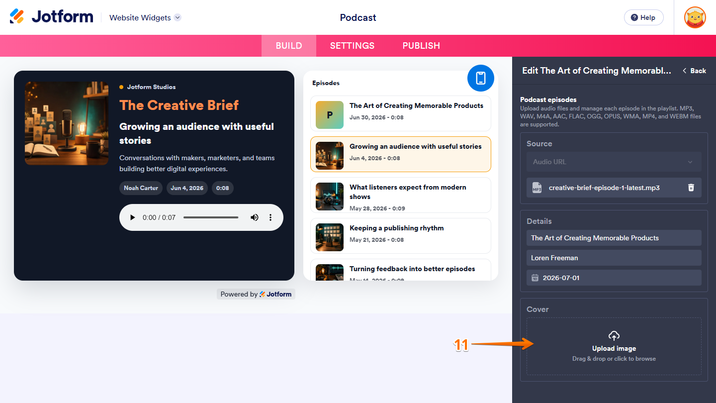 Upload Image area in the Cover section of the Edit Episode menu under the General tab in the Widget Properties menu in Jotform Website Widgets