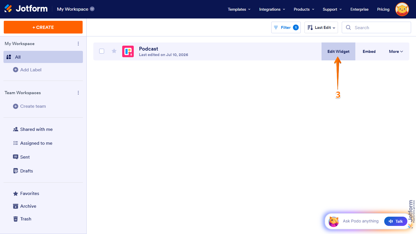 Edit Widget button on the right of a Podcast Website Widget on Jotform Workspace page