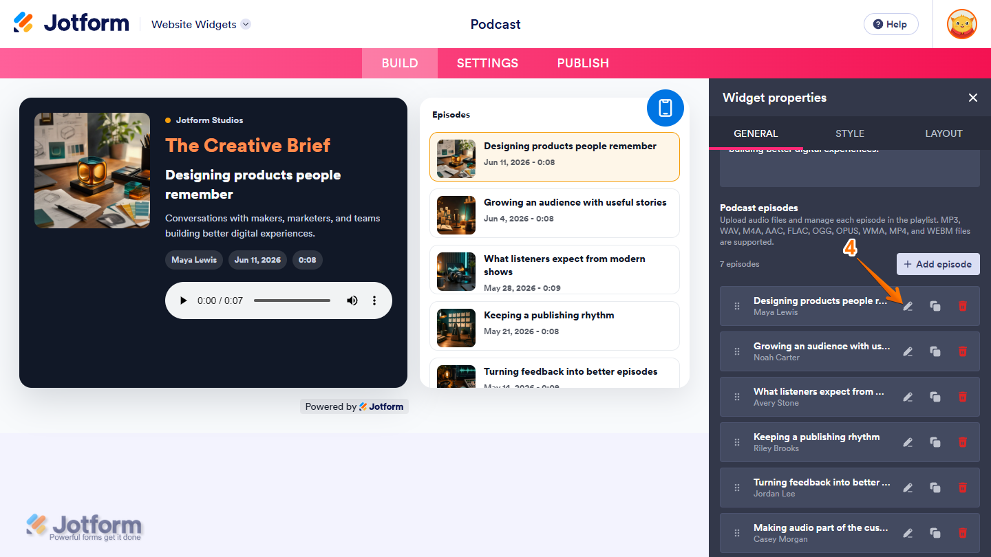 Pencil icon of an episode in the Podcast Episodes list under the General tab in the Widget Properties menu in Jotform Website Widgets