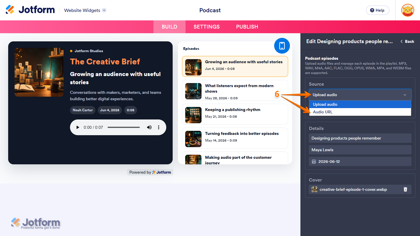 Dropdown menu in the Source section of the Edit Episode menu under the General tab in the Widget Properties menu in Jotform Website Widgets