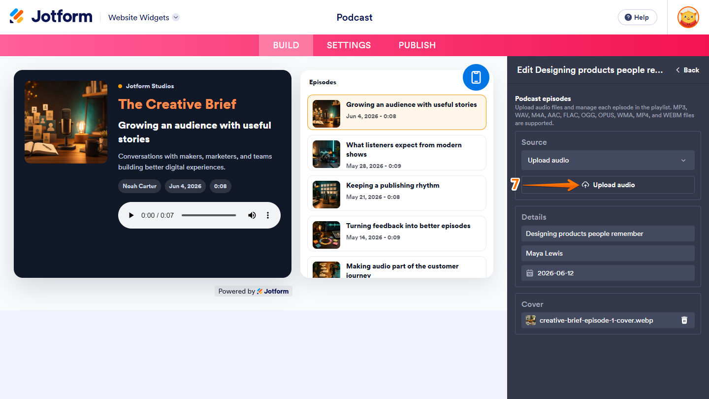 Upload Audio button in the Source section of the Edit Episode menu under the General tab in the Widget Properties menu in Jotform Website Widgets