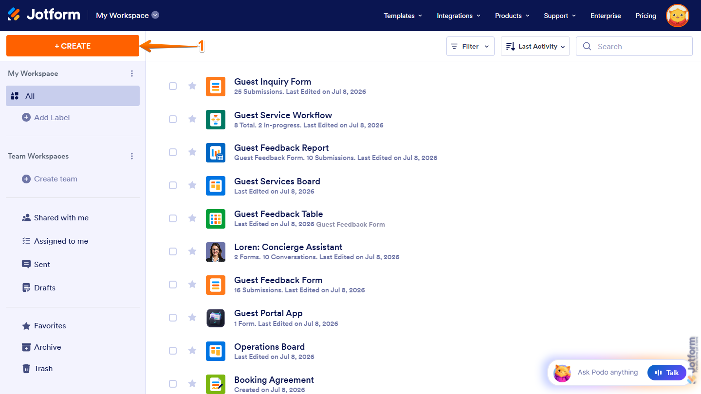 Create Button on Jotform Workspace page