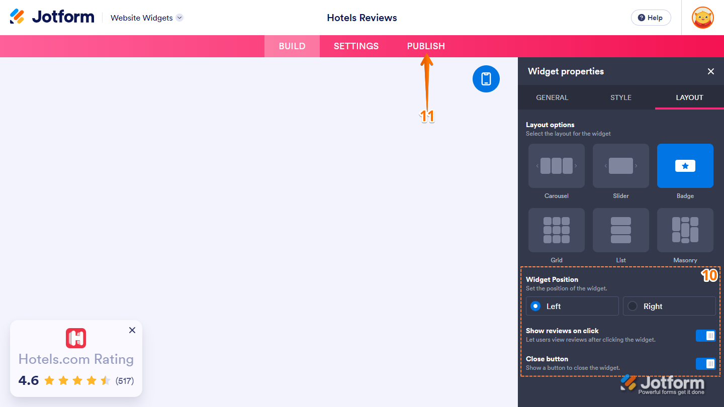 Settings for the Badge layout under the Layout tab of the Widget Properties menu in Jotform Website Widgets