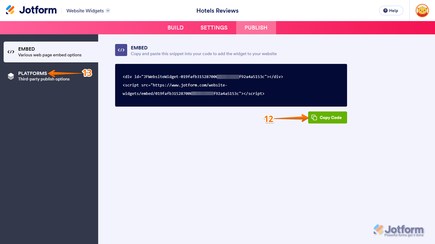 Copy button in the Embed section under the Publish tab of Jotform Website Widgets